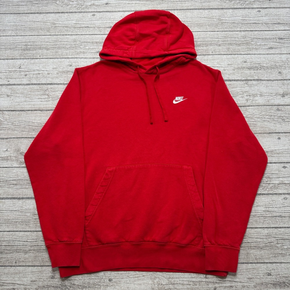 Nike Sportswear Hoodie Men's Large Red Club Fleece Swoosh Pullover Activewear